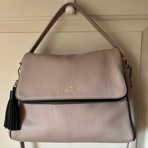 kate spade Blush/Taupe Pebbled Leather Crossbody Bag with Black Tassel and trim